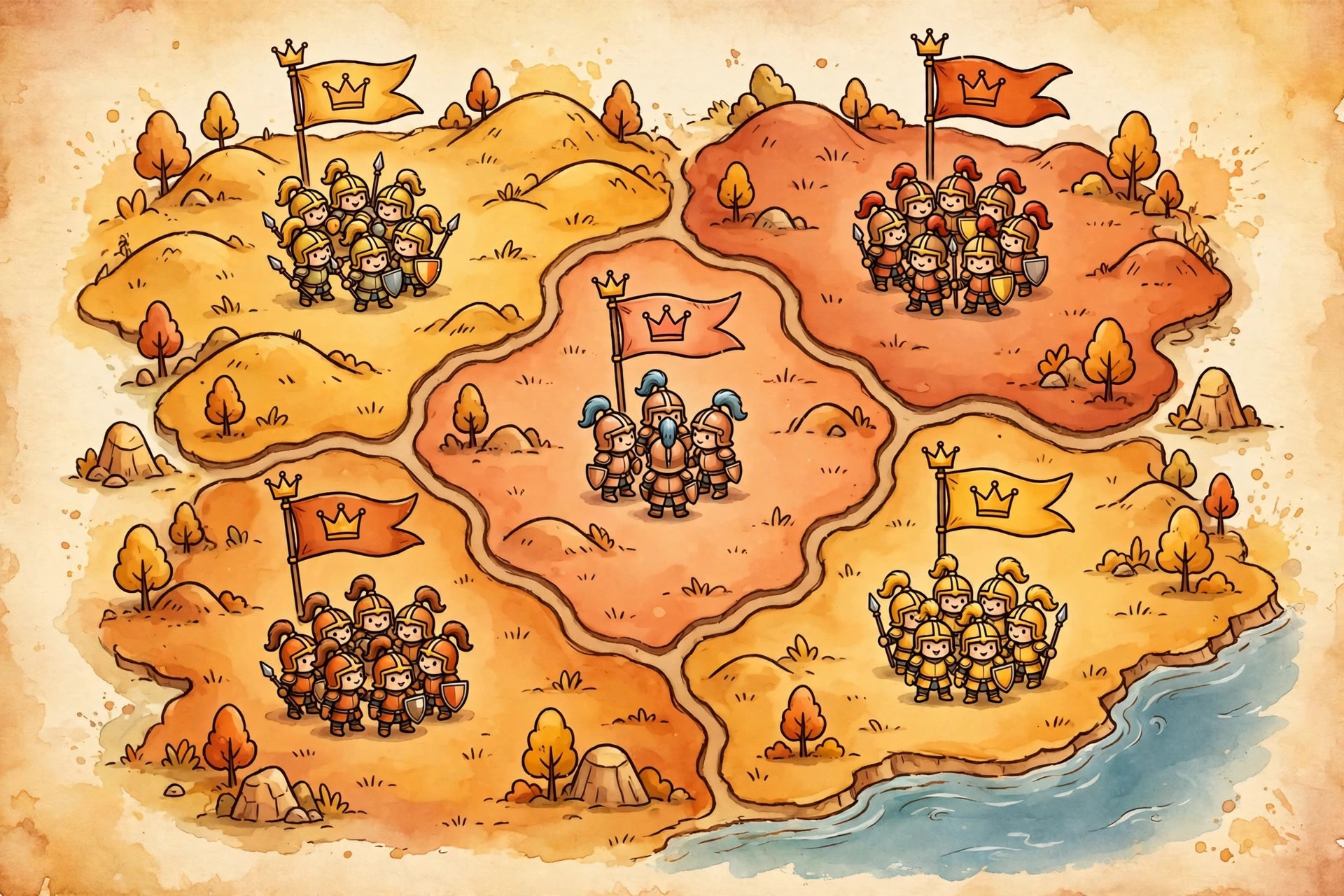 Cartoon map of colored regions with clusters of small knights and crown banners in each