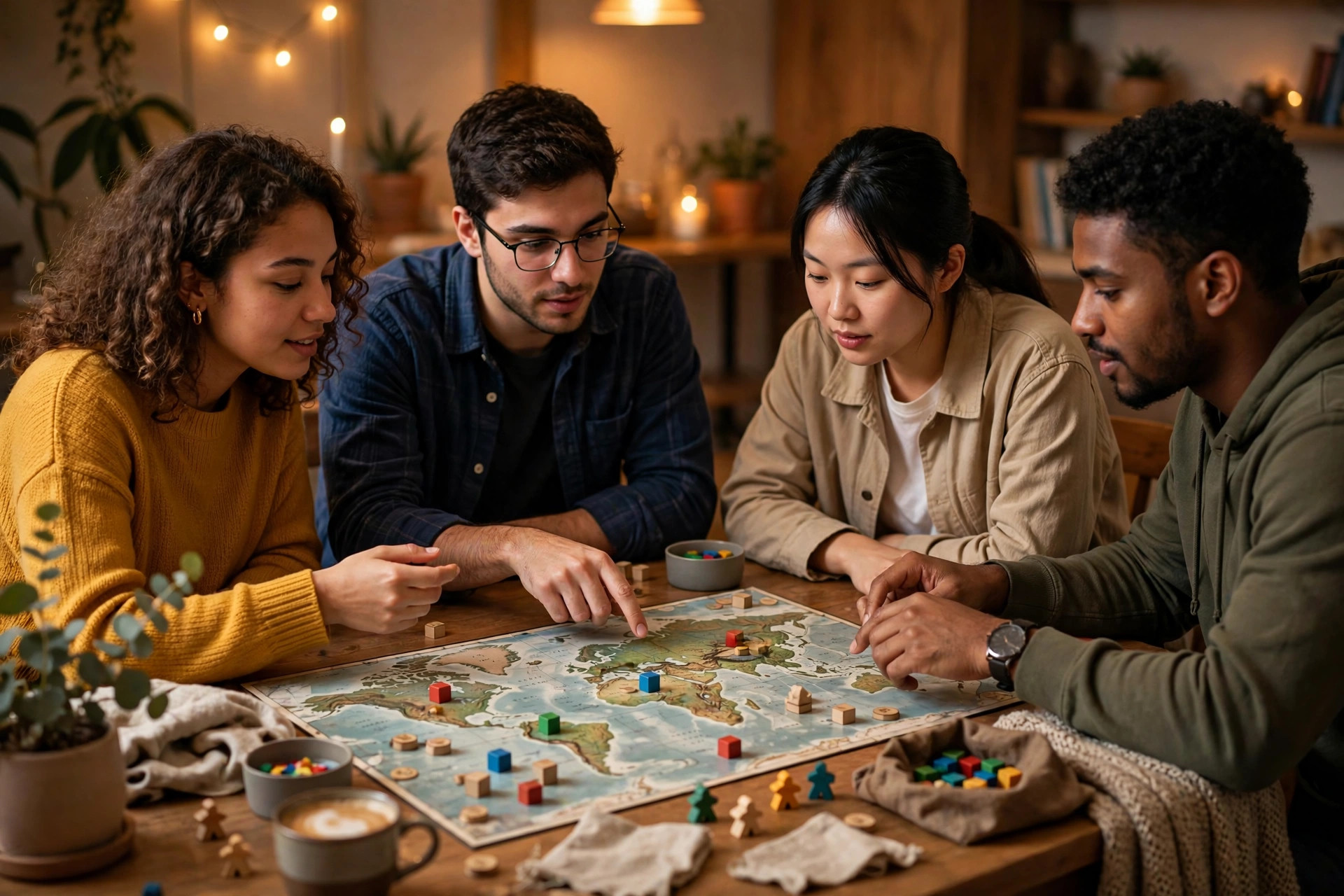 Four players discussing strategy around a world-map board game with colored cubes