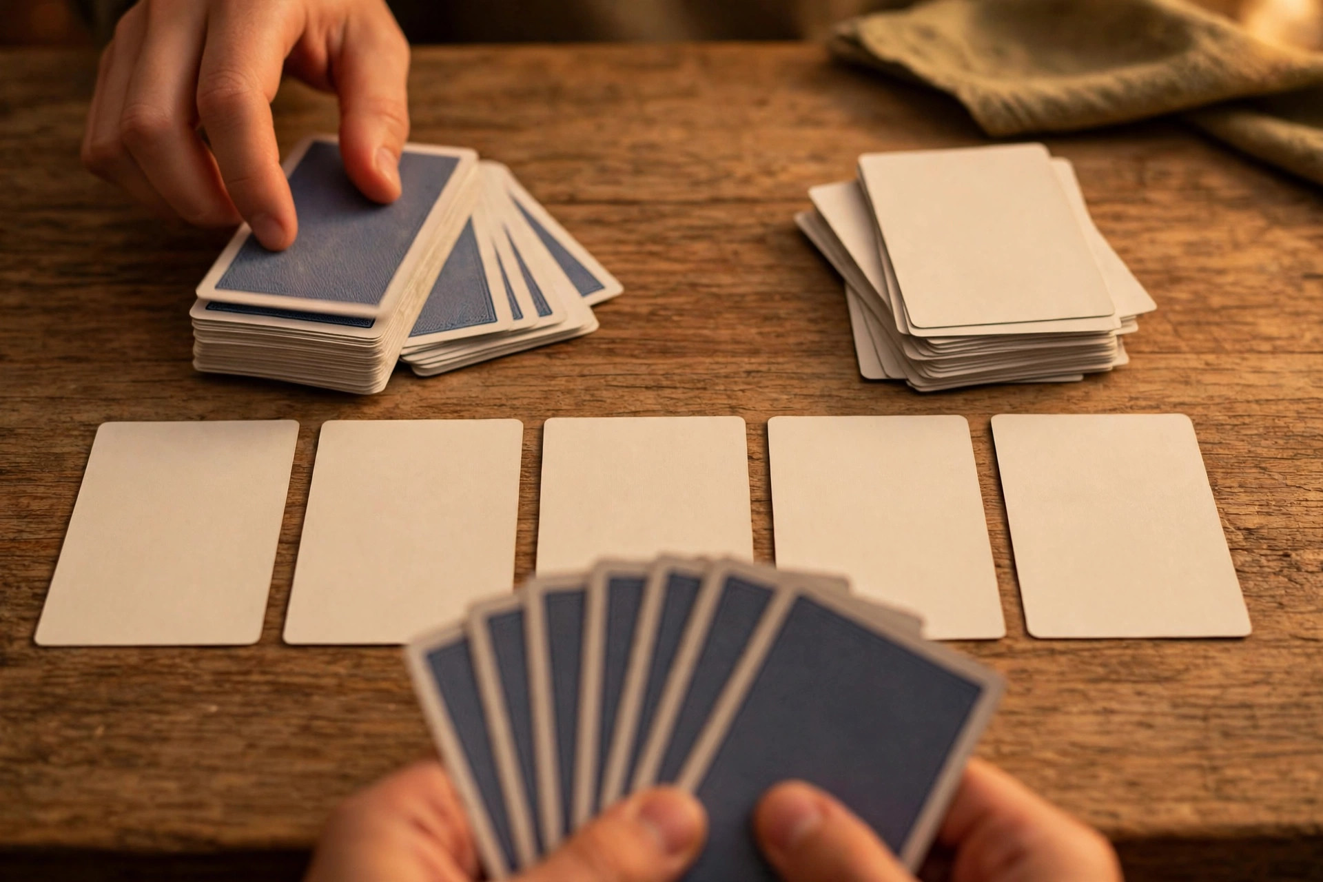 Hands holding a fan of cards beside draw and discard piles on a wooden table