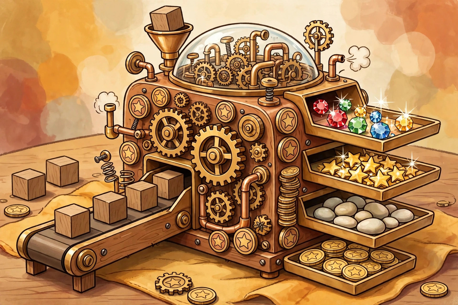 Cartoon gear machine turning wooden cubes into gems, stars and coins on a conveyor