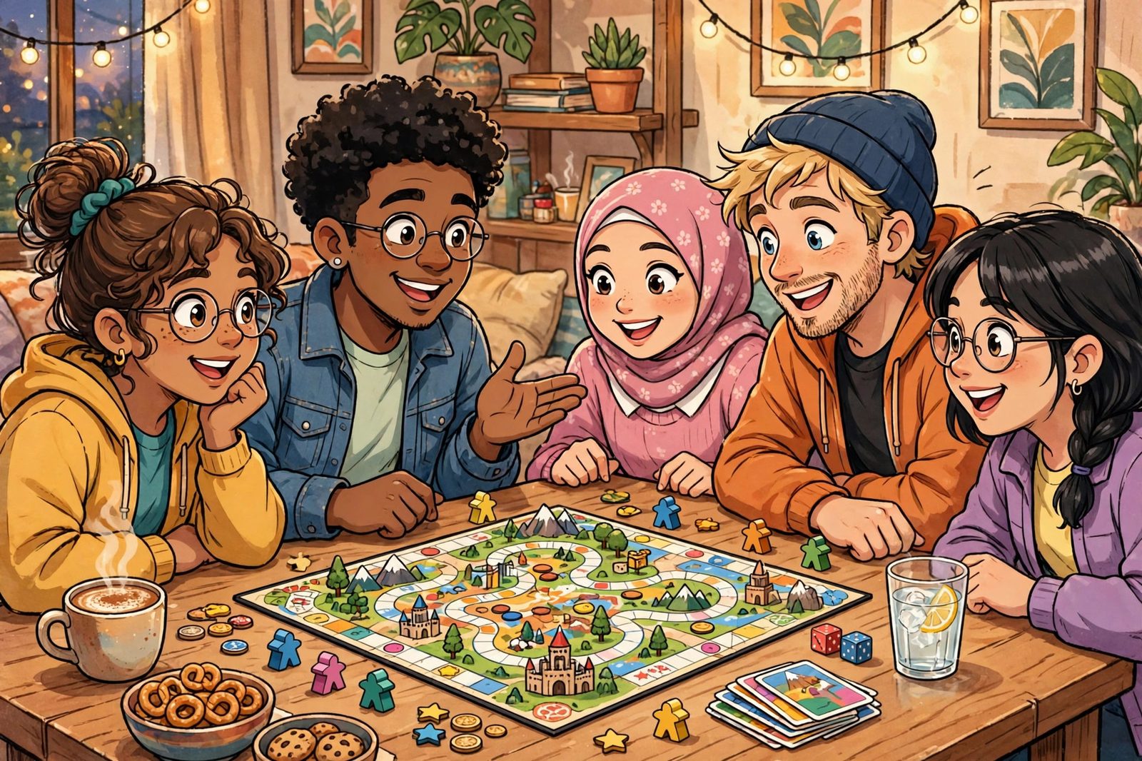 Five smiling friends around a table as one explains a colorful board game to curious newcomers