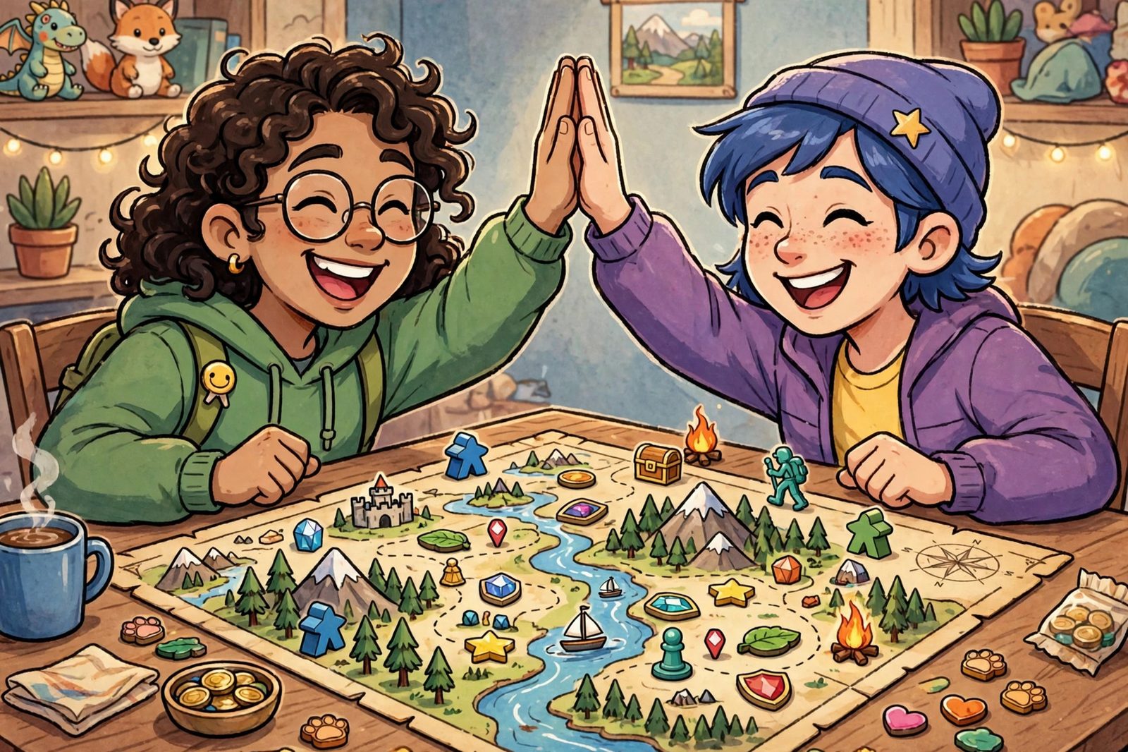 Two happy friends high-fiving over a shared adventure map in a cooperative board game