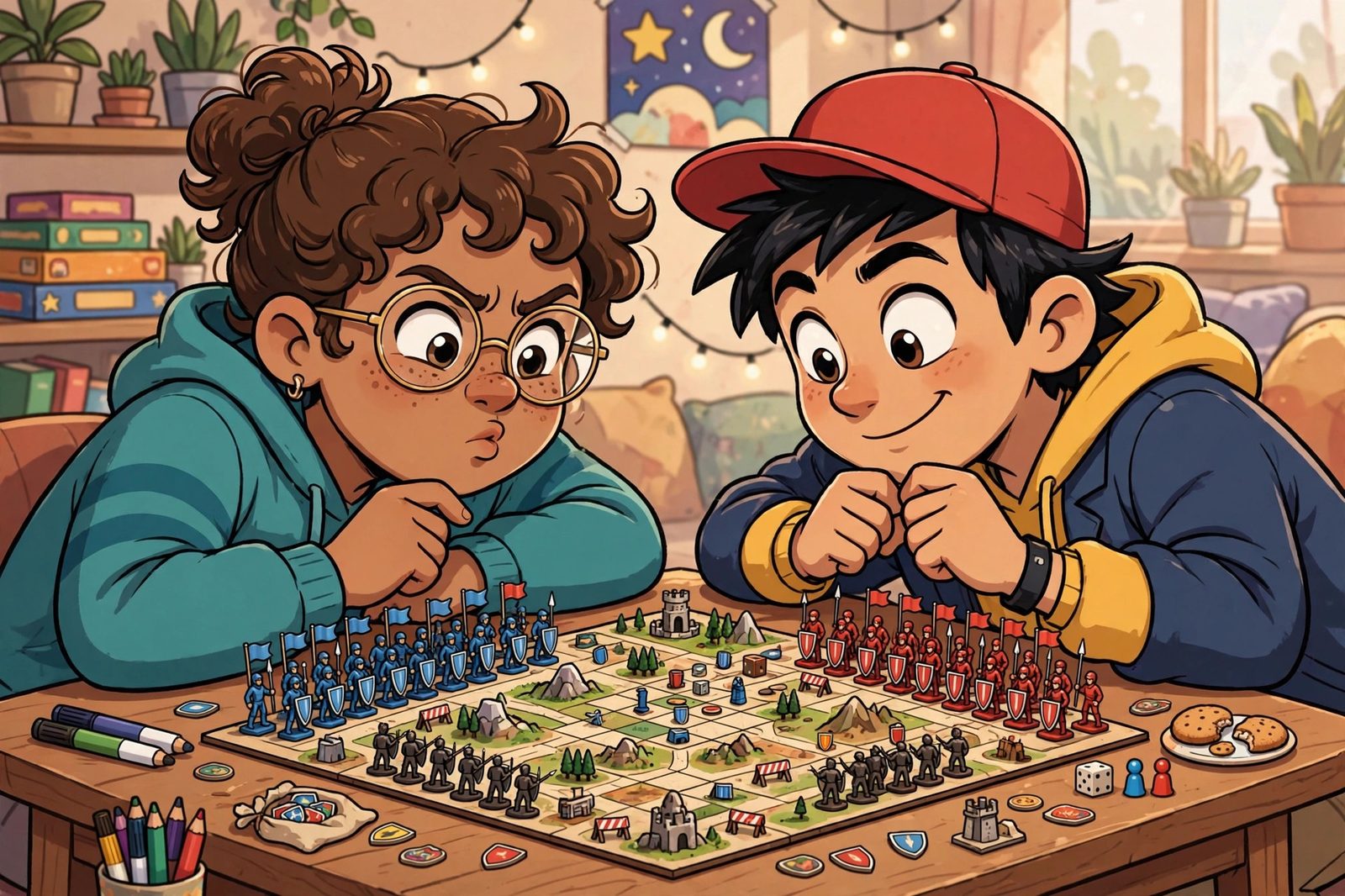 Two focused kids facing off across a table covered in tiny blue and red miniature armies
