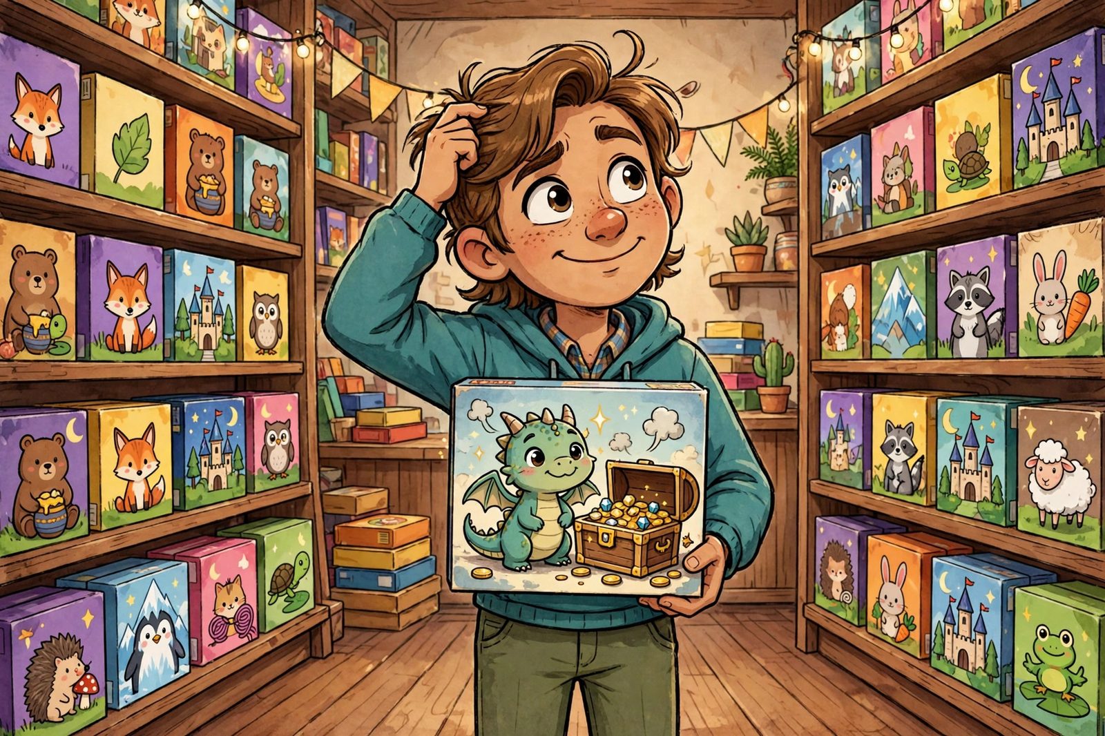 A thoughtful shopper scratching his head before shelves of colorful board game boxes, holding one with a dragon