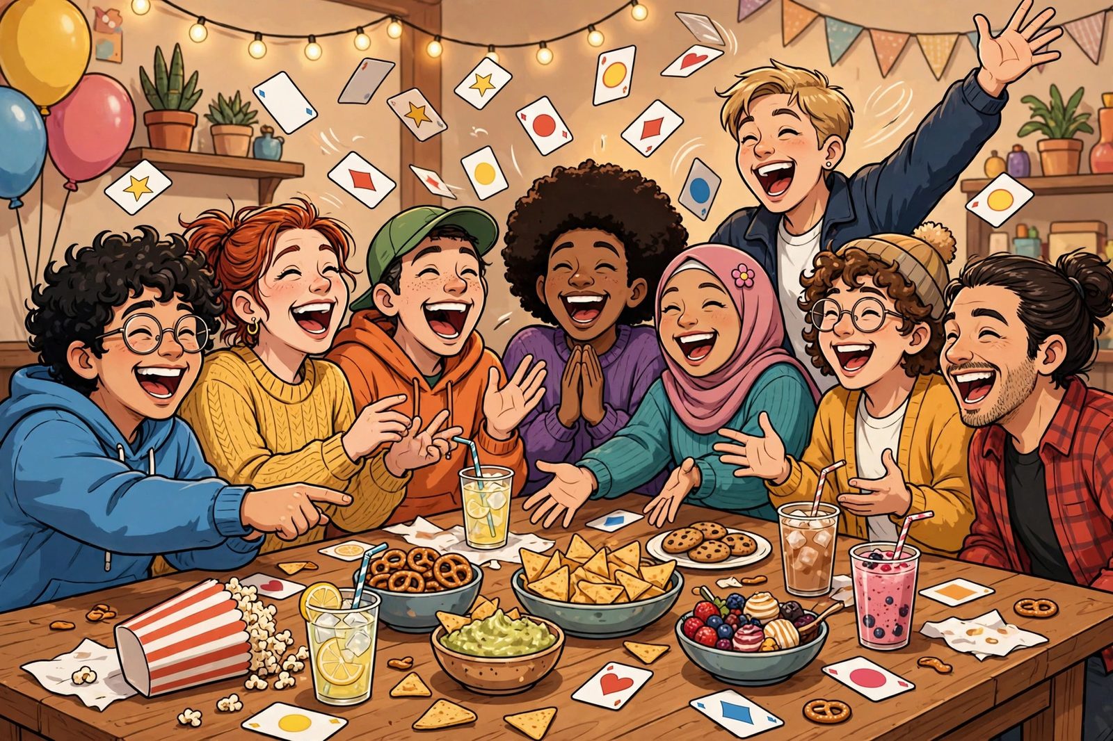 Eight laughing friends around a snack-covered table as game cards fly through the air