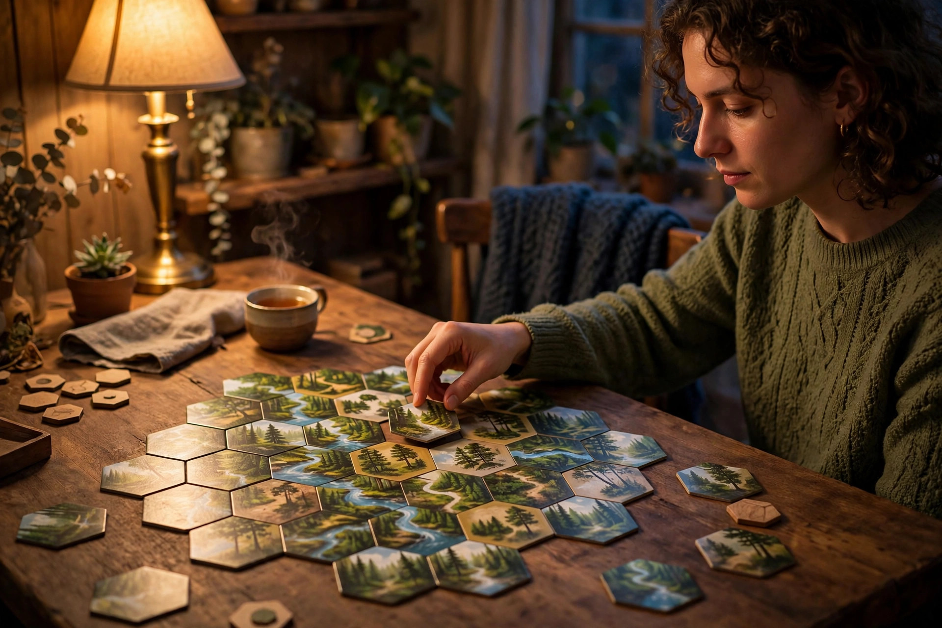 One player placing a forest tile in a hexagonal nature board game under warm lamp light