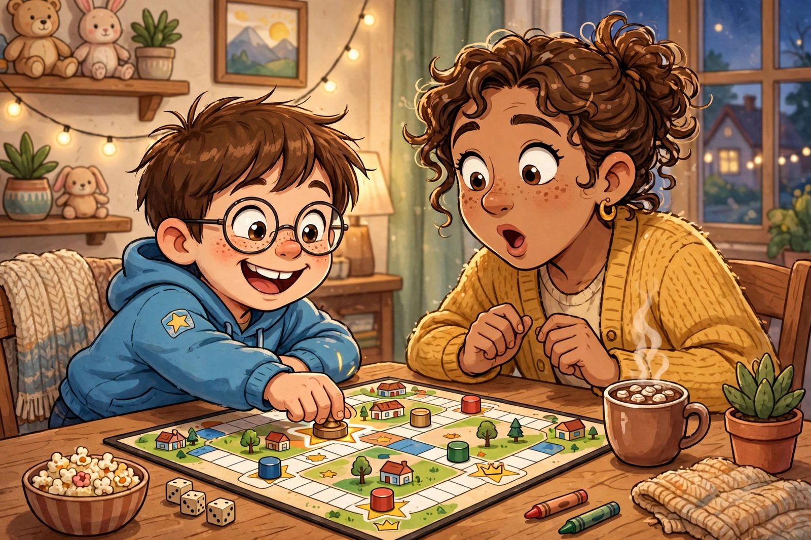 A grinning kid placing a winning game piece while his surprised parent watches