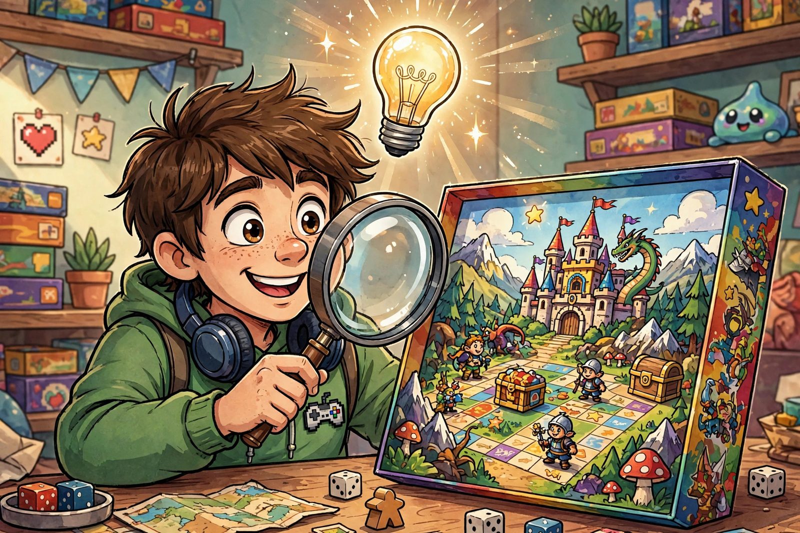 A curious gamer studying a board game box with a magnifying glass as a lightbulb glows overhead